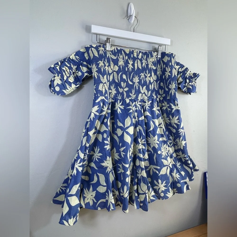 Zara Blue Cream Floral Ruffle Bandeau Off Shoulder Summer Mini Dress Size XXL - Picture 2 of 8
